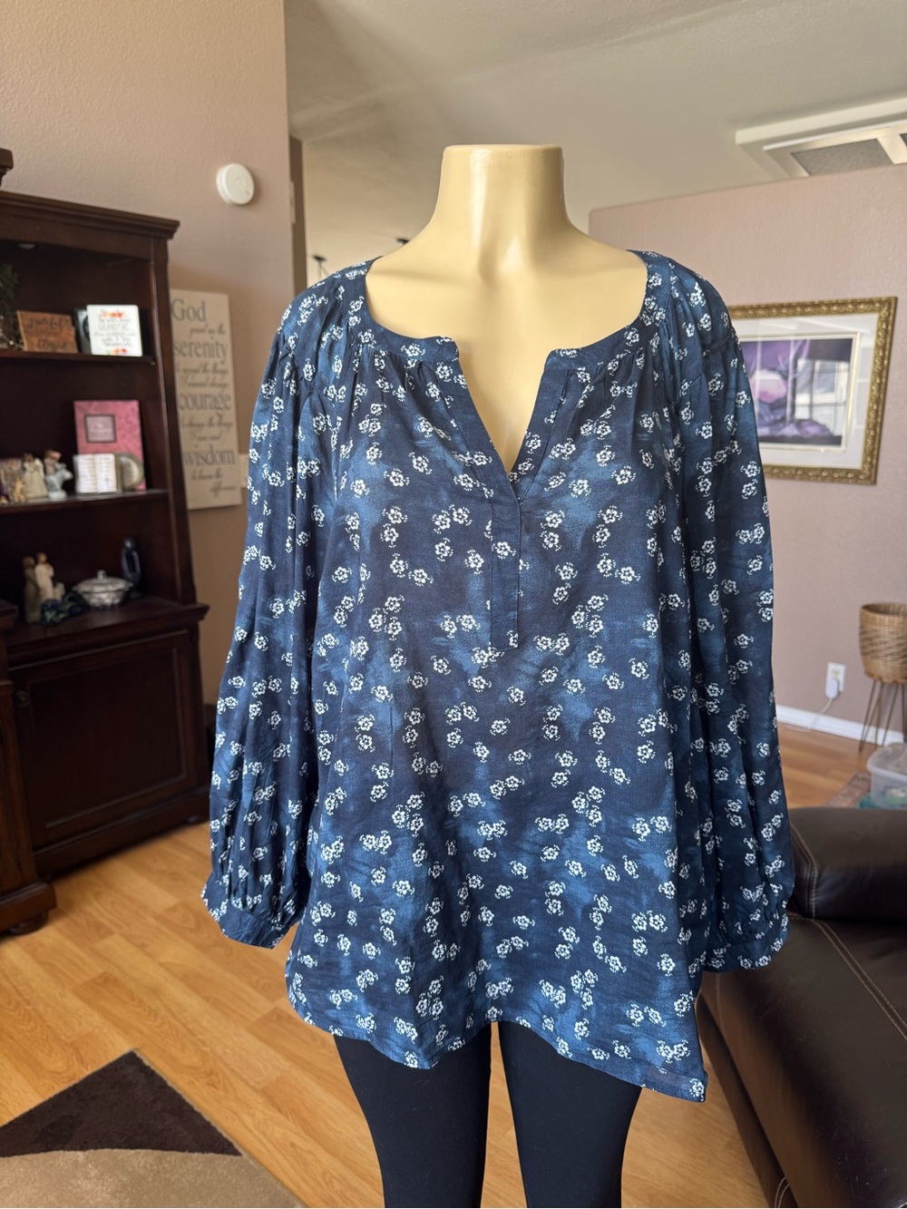 Style & Co blue & white floral long sleeve peasant blouse-size XL